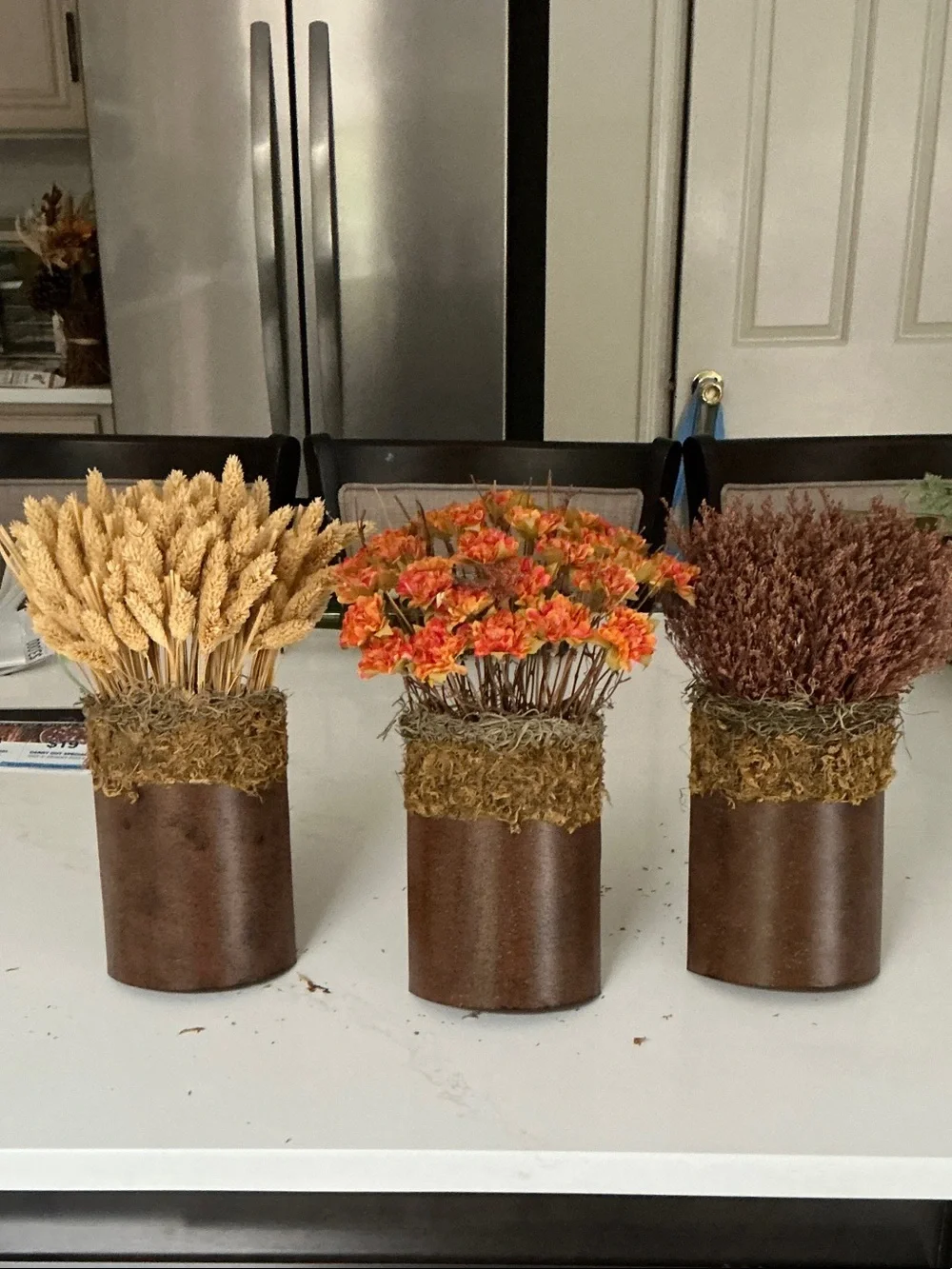Autumn Trio Faux Floral Arrangements in Rustic Brown Vases - Orange, Tan, Brown